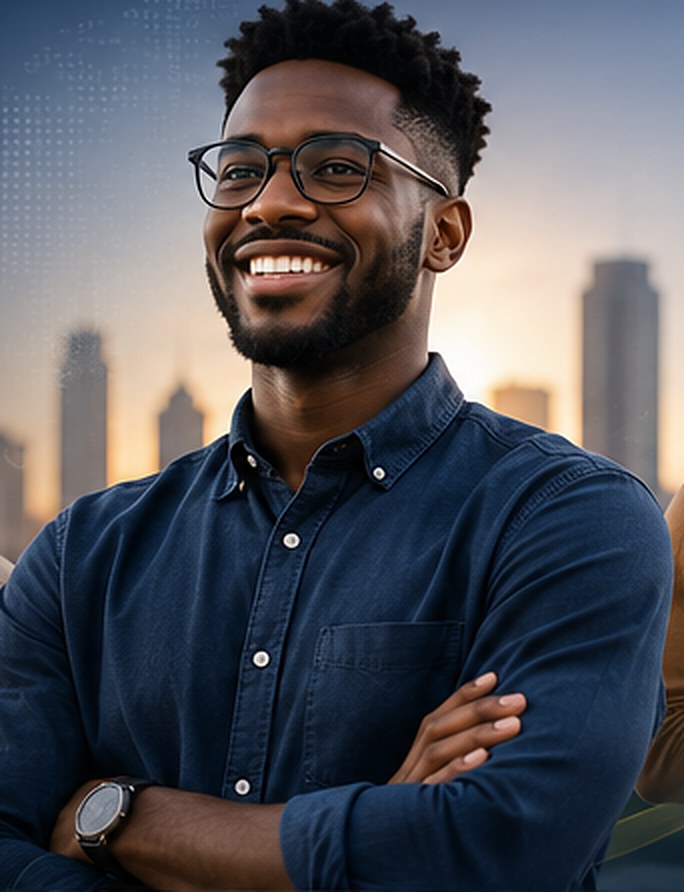 A smiling young entrepreneur with arms crossed, with a city skyline glowing behind him