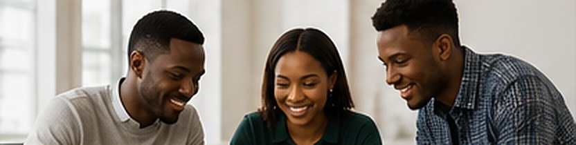 Three smiling colleagues sharing a moment around a table