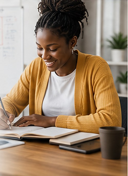 A young woman in a mustard cardigan smiling as she writes notes in a journal